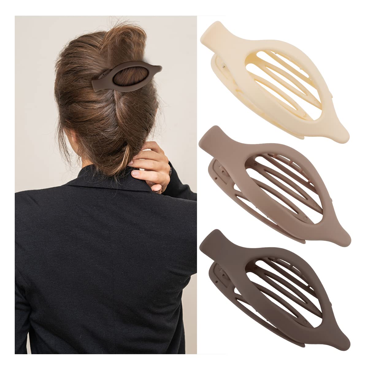 ATODEN front view of three matte large clips shows secure styling benefit