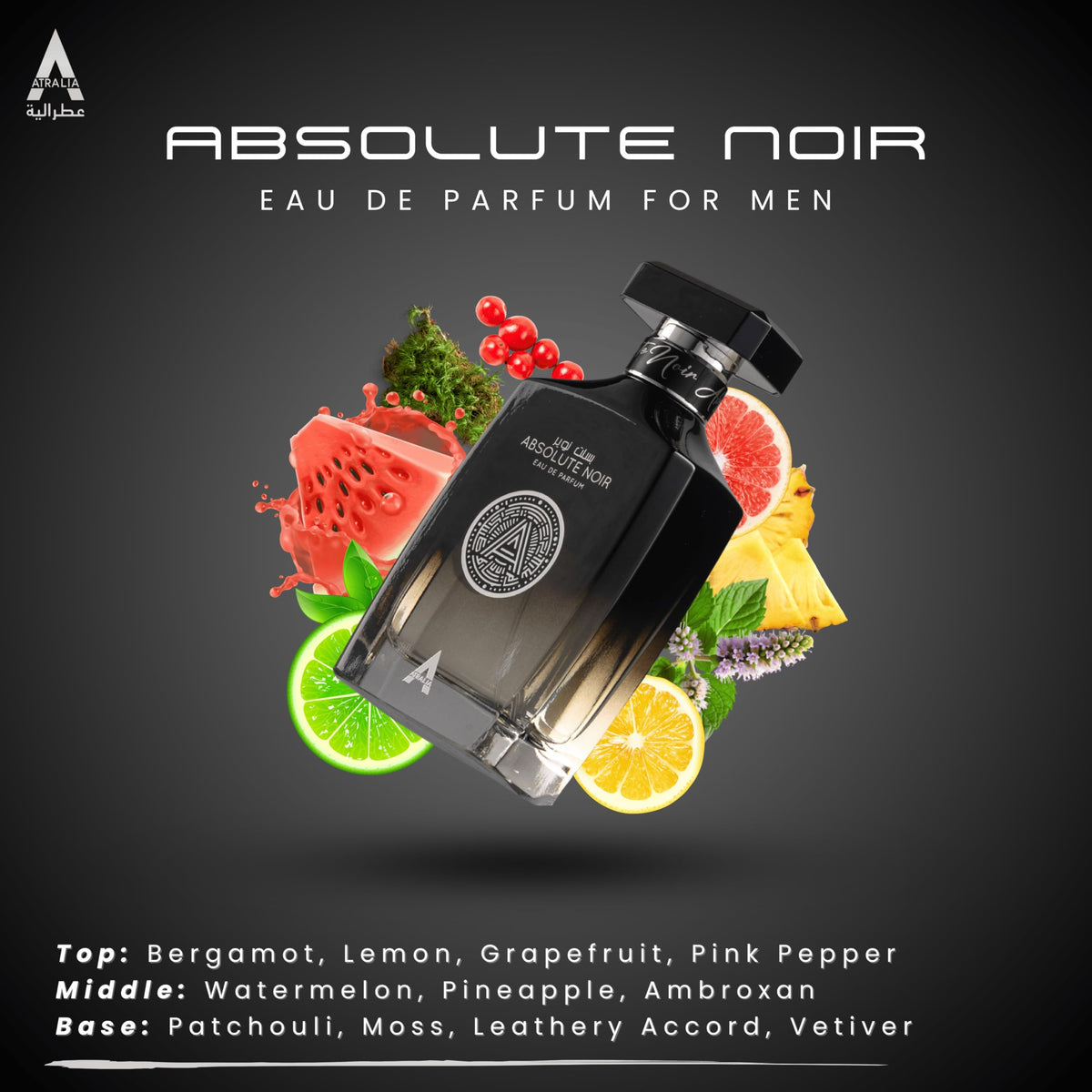 Atralia Absolute Noir ingredients layout showing citrus to woody notes