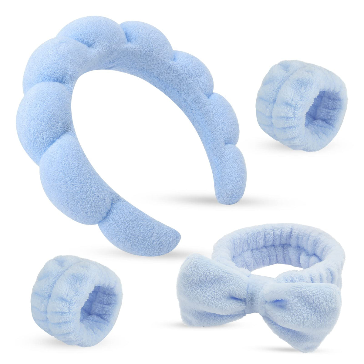 ATROCH front view of blue headband and wristbands, keeps hair and sleeves dry