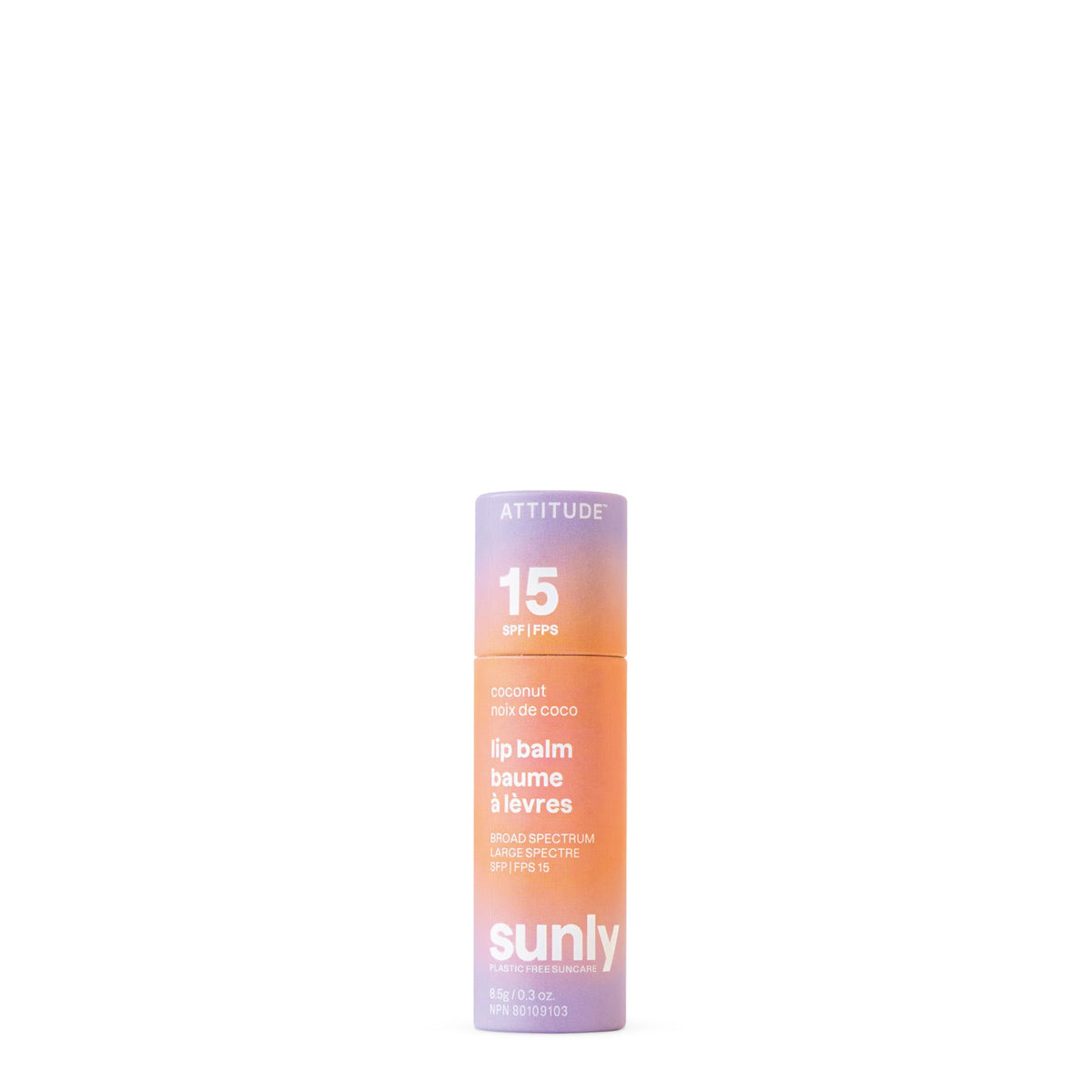 BIO SPECTRA ATTITUDE front packaging shows coconut lip balm and SPF 15 protection