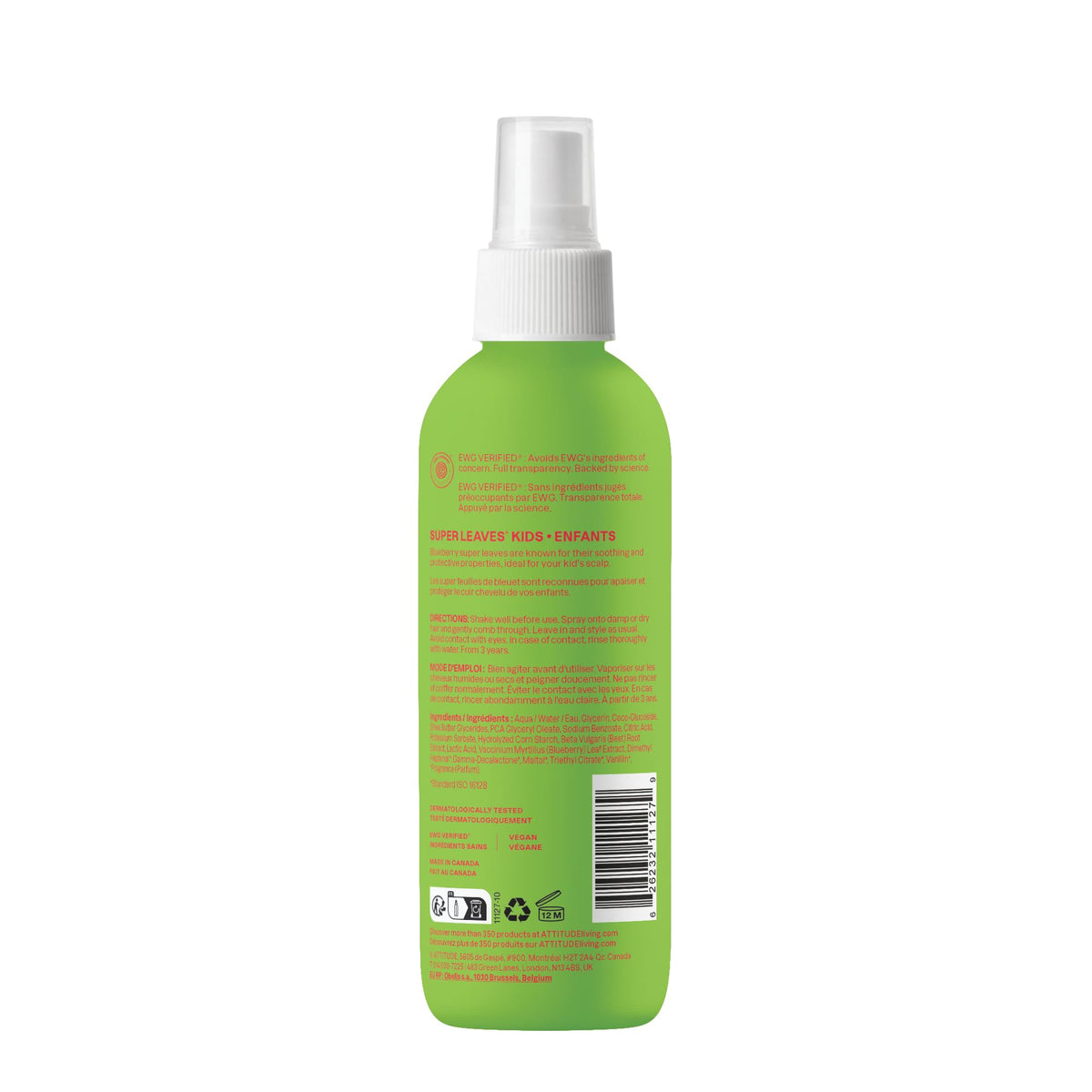 ATTITUDE detangler recyclable label detail, emphasizes eco-friendly packaging