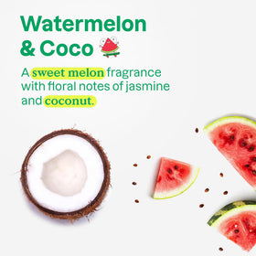 ATTITUDE detangler bottle beside watermelon and coconut, highlights fruity scent