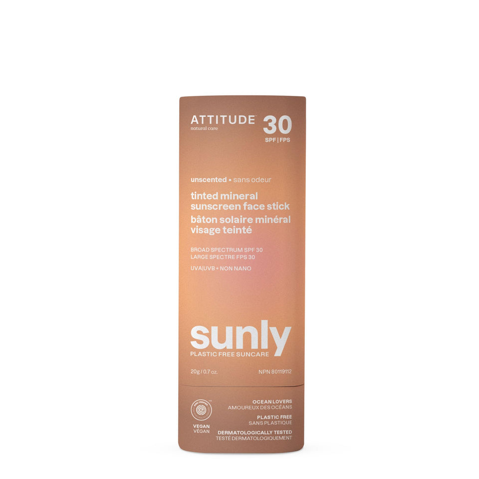 ATTITUDE face stick front packaging showing SPF label and plastic-free tube for quick use