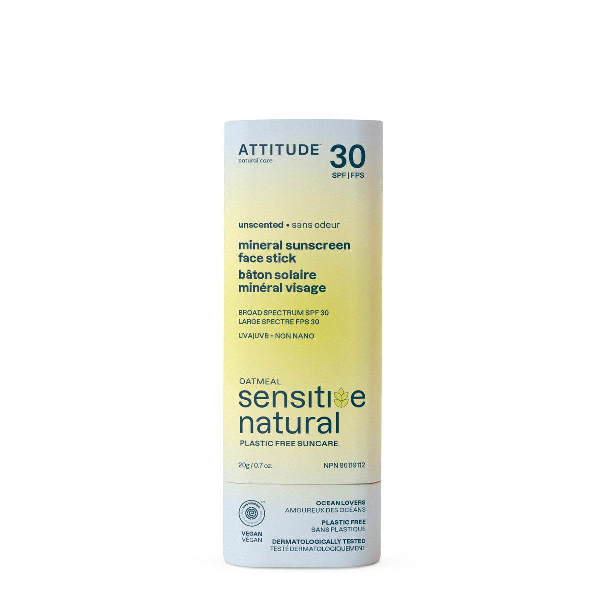 ATTITUDE face stick front packaging showing compact, travel-friendly sunscreen