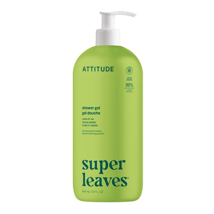 ATTITUDE front pump bottle showing pear and amber scent, highlights clean ingredients and convenience