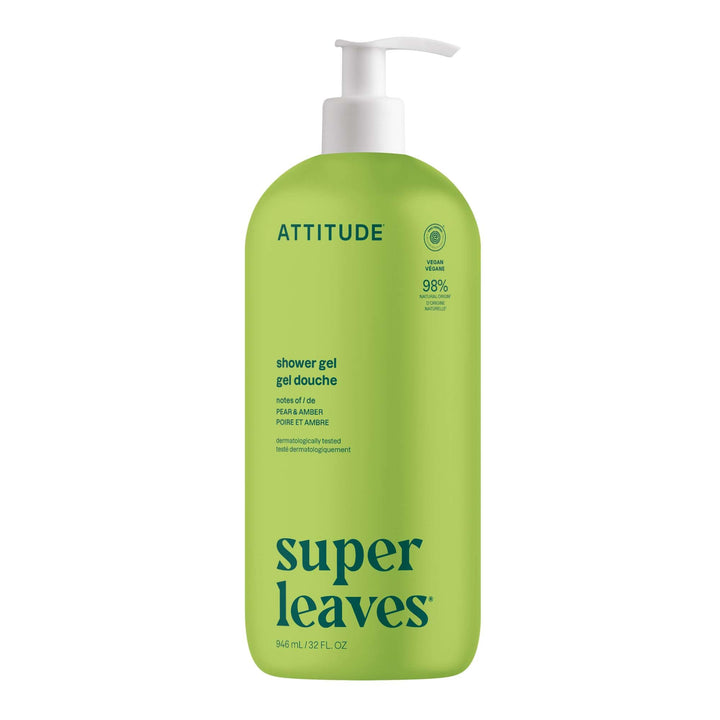 ATTITUDE front pump bottle showing pear and amber scent, highlights clean ingredients and convenience