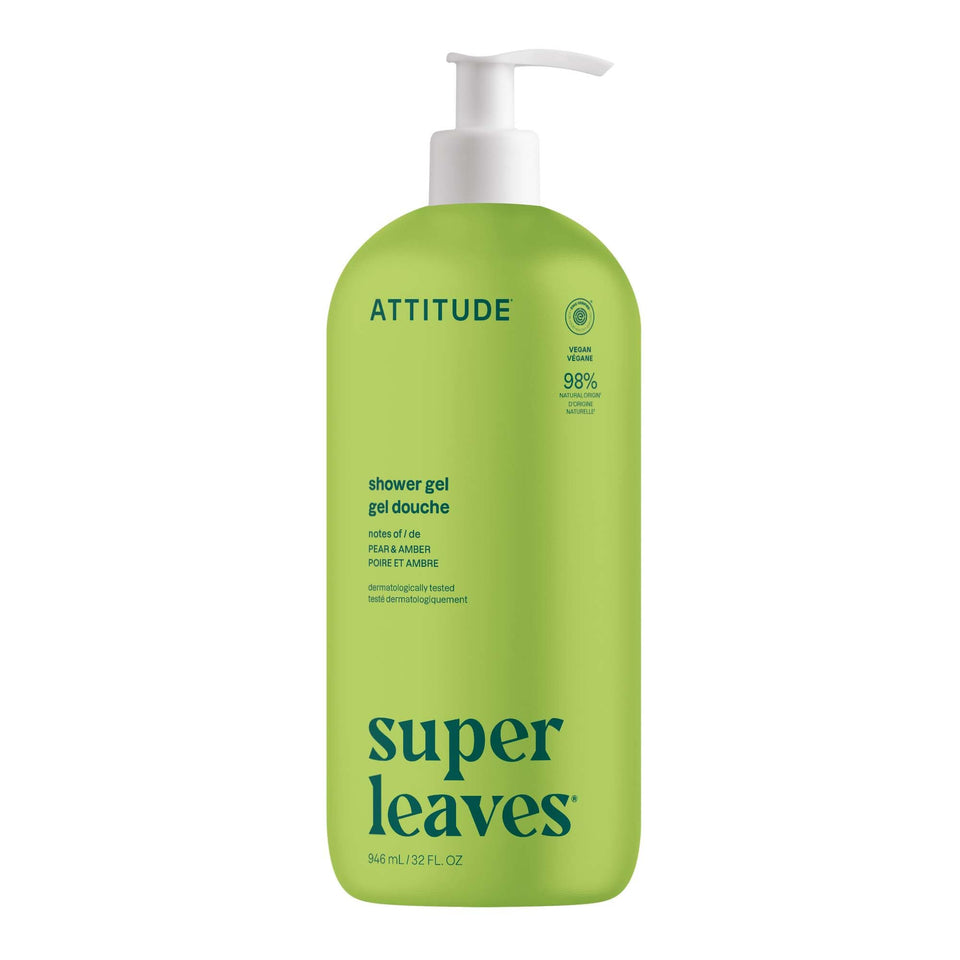 ATTITUDE front pump bottle showing pear and amber scent, highlights clean ingredients and convenience