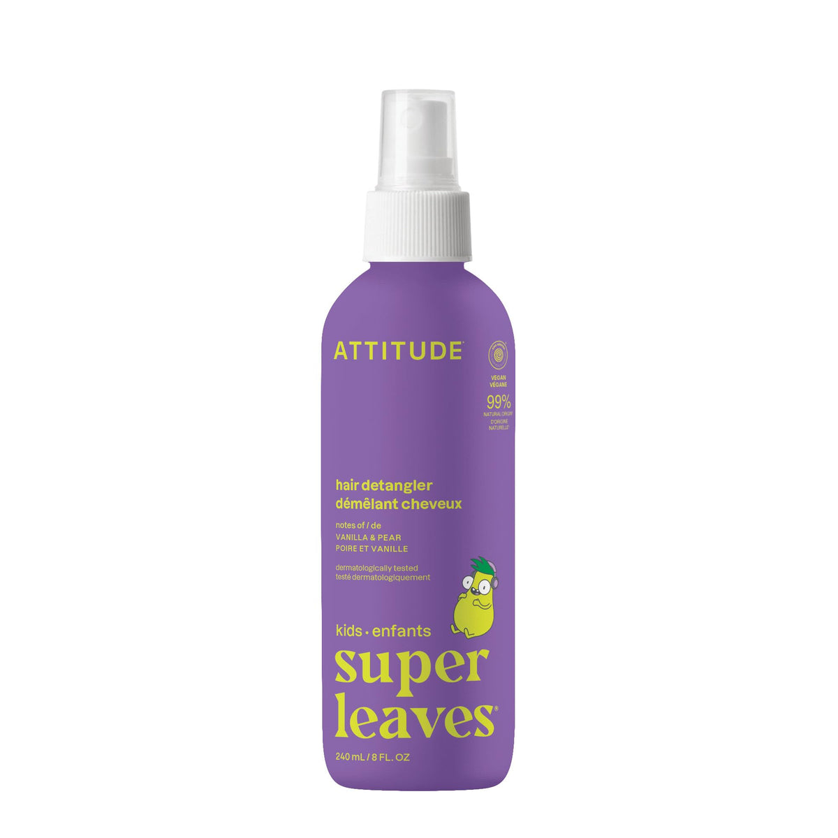 ATTITUDE front packaging of kids detangler bottle shows clean vegan formula benefit
