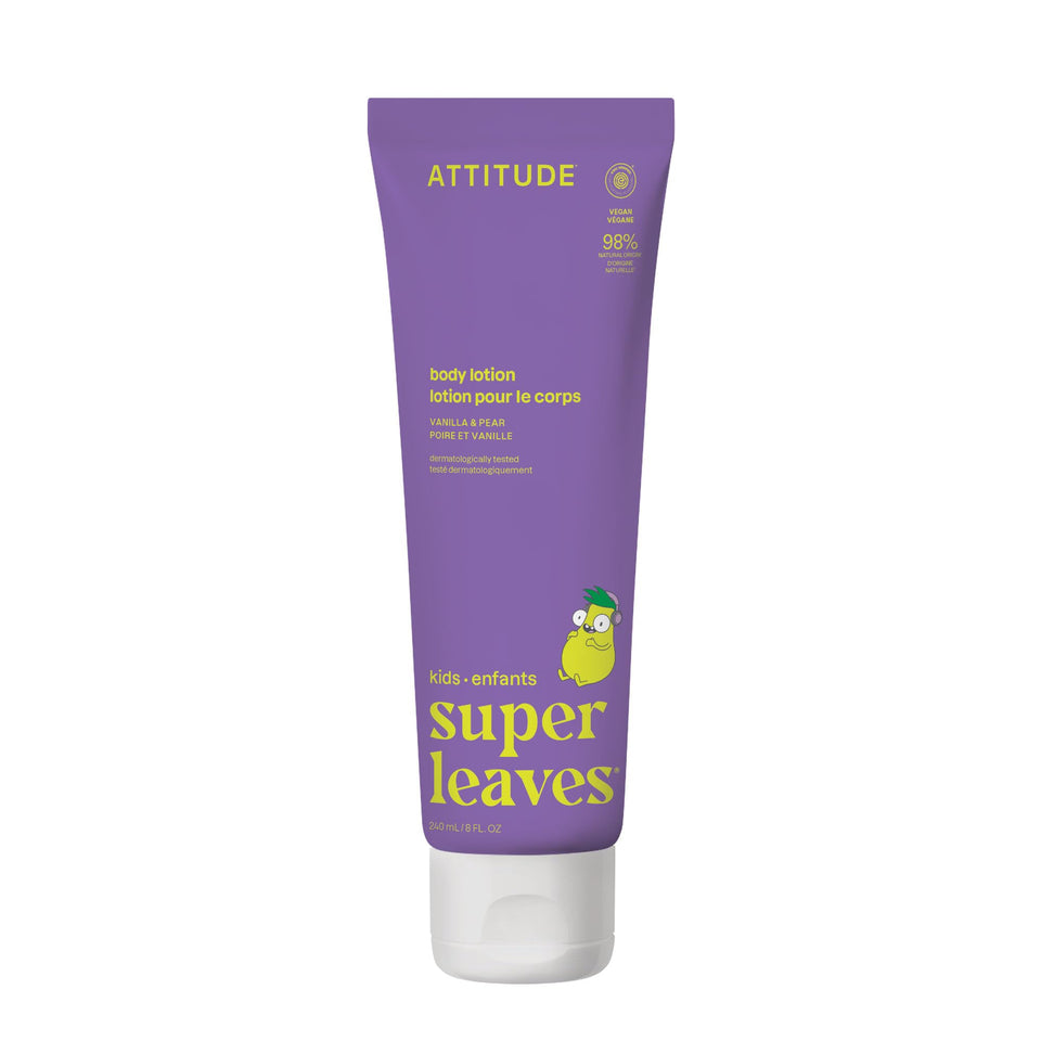 ATTITUDE kids lotion front packaging showing bottle and benefits