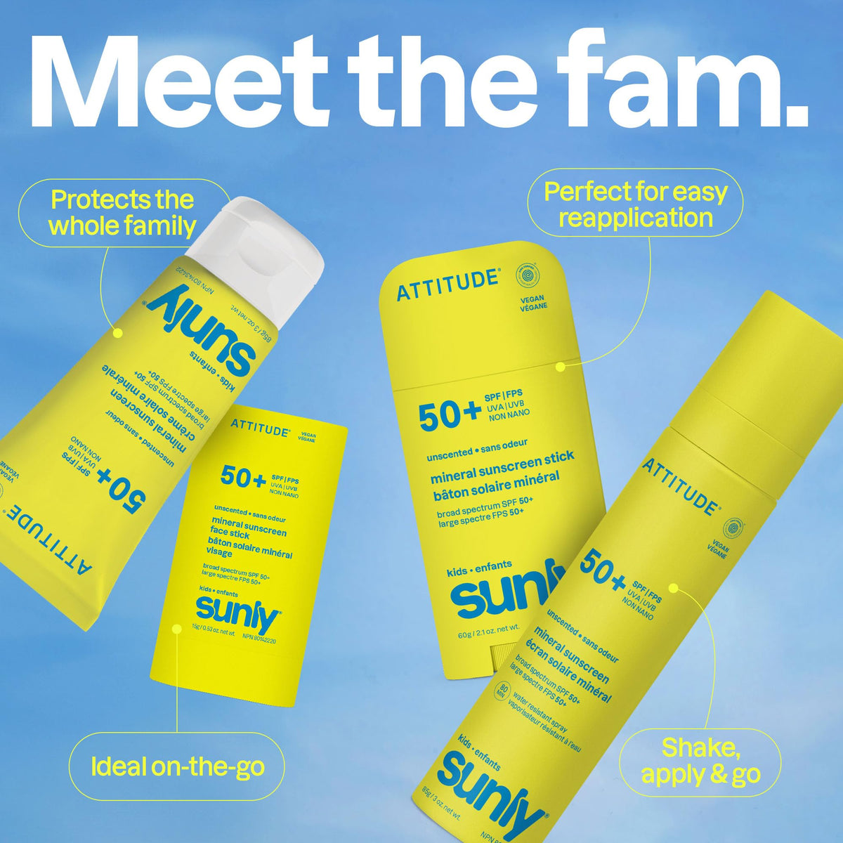 ATTITUDE stick beside a sunscreen bottle to illustrate 2 oz travel-friendly scale