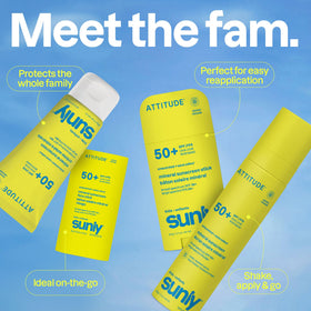 ATTITUDE stick beside a sunscreen bottle to illustrate 2 oz travel-friendly scale
