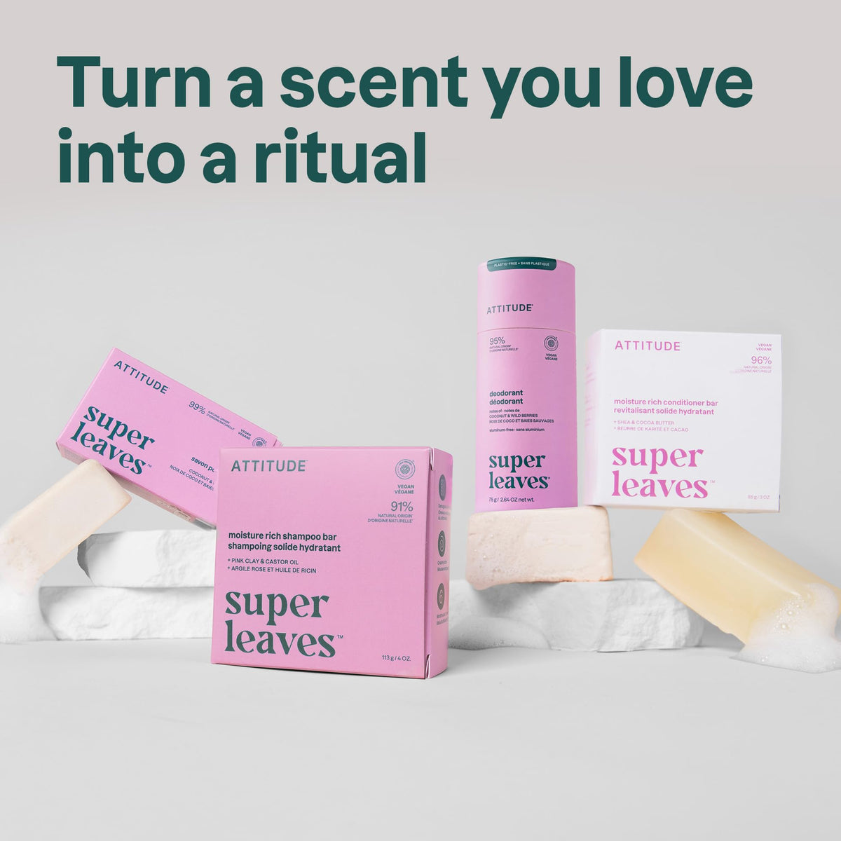 ATTITUDE deodorant on bathroom shelf in lifestyle scene encouraging sustainable swap benefit
