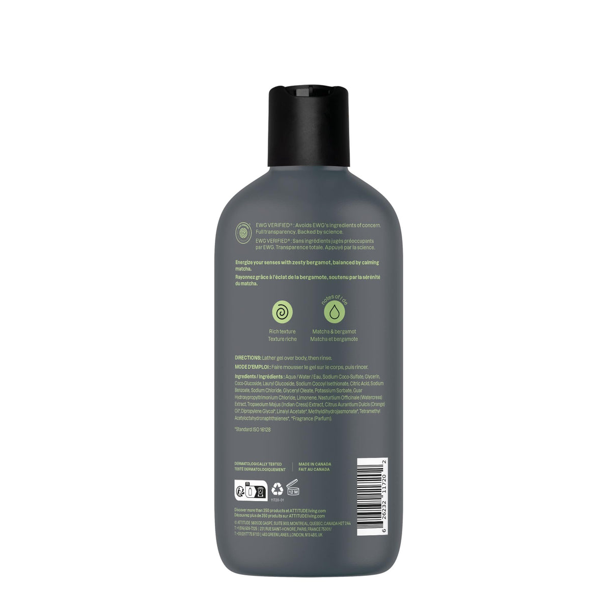 Matcha leaves next to ATTITUDE bottle showing natural-origin matcha benefit