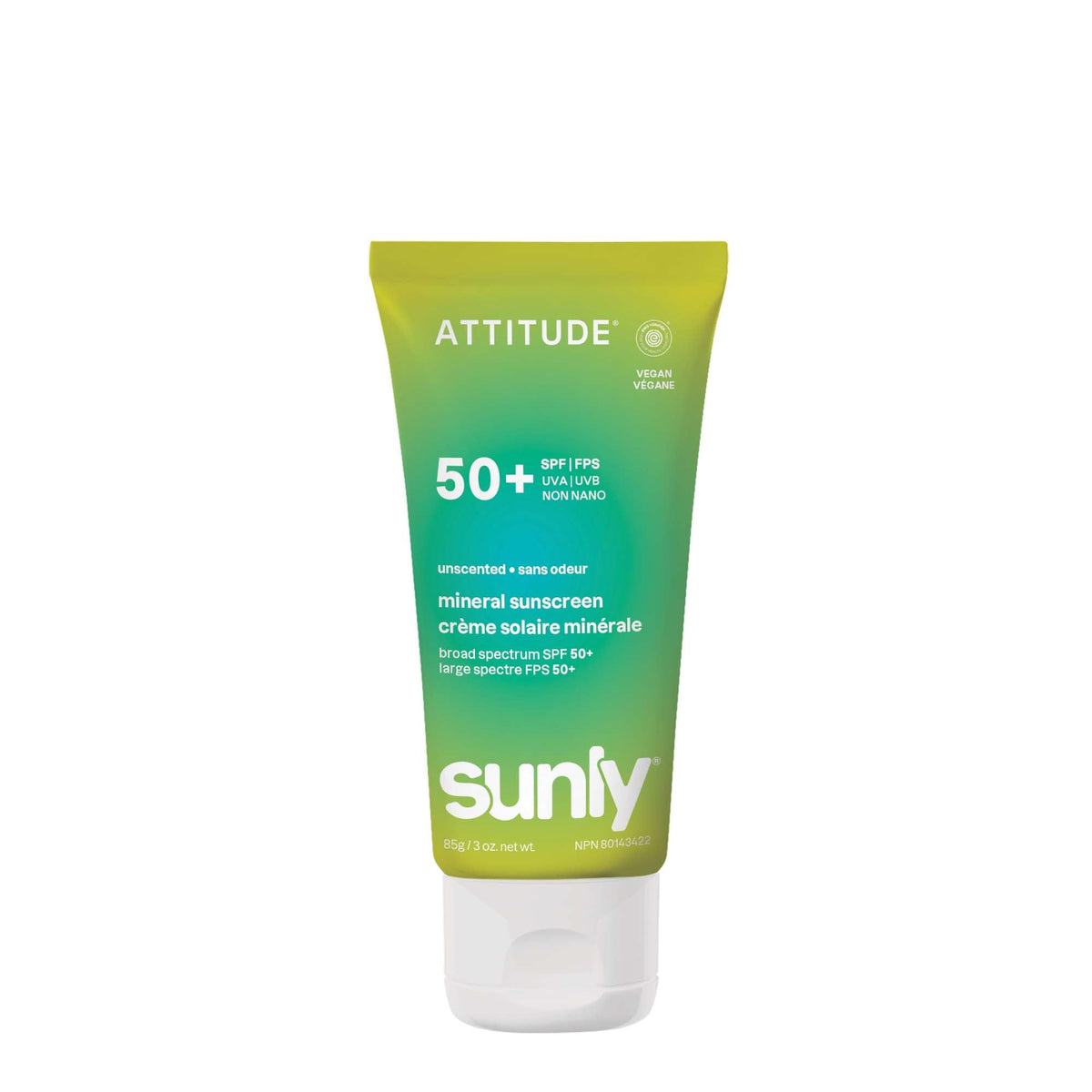 ATTITUDE front packaging showing SPF 50 and unscented protection