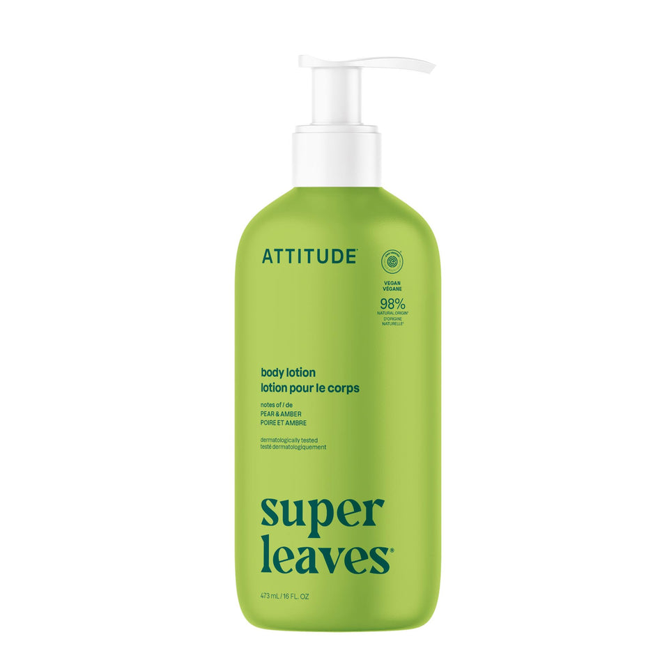ATTITUDE front bottle view showing pear and amber scent and clean formula benefits