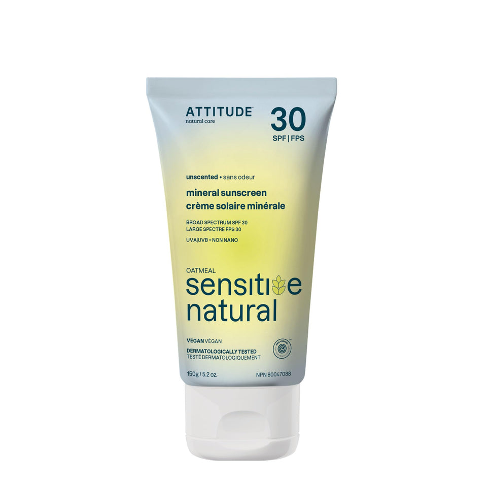ATTITUDE front packaging of SPF 30 sunscreen showing product and size benefit