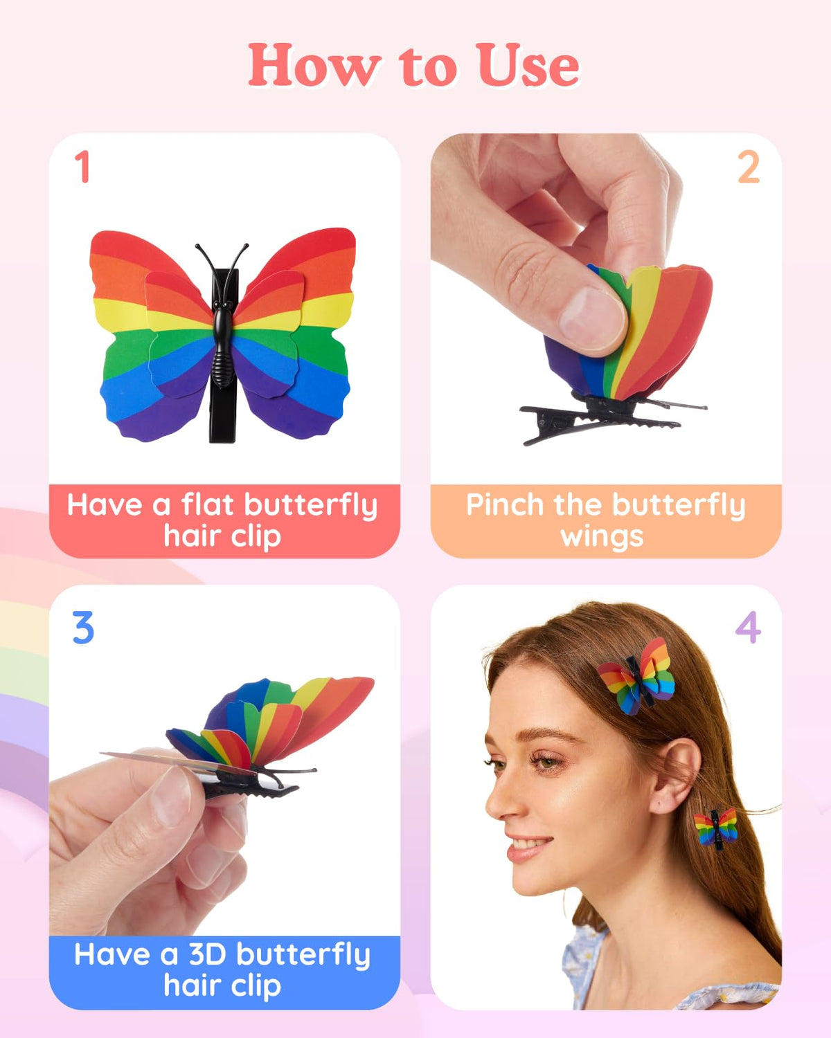 Attyxfica clips placed in a low bun adding playful rainbow decoration and movement