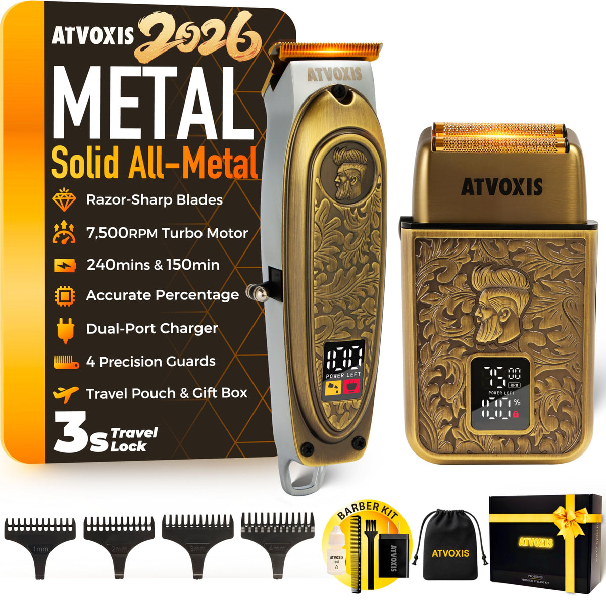 ATVOXIS front view of full trimmer and foil shaver kit showing premium metal build and accessories