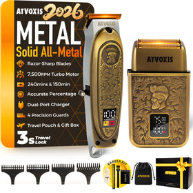 ATVOXIS front view of full trimmer and foil shaver kit showing premium metal build and accessories