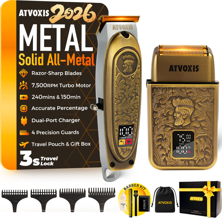 ATVOXIS front view of full trimmer and foil shaver kit showing premium metal build and accessories