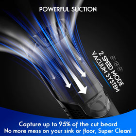 ATVOXIS trimmer in use on beard demonstrating mess-free vacuum trimming