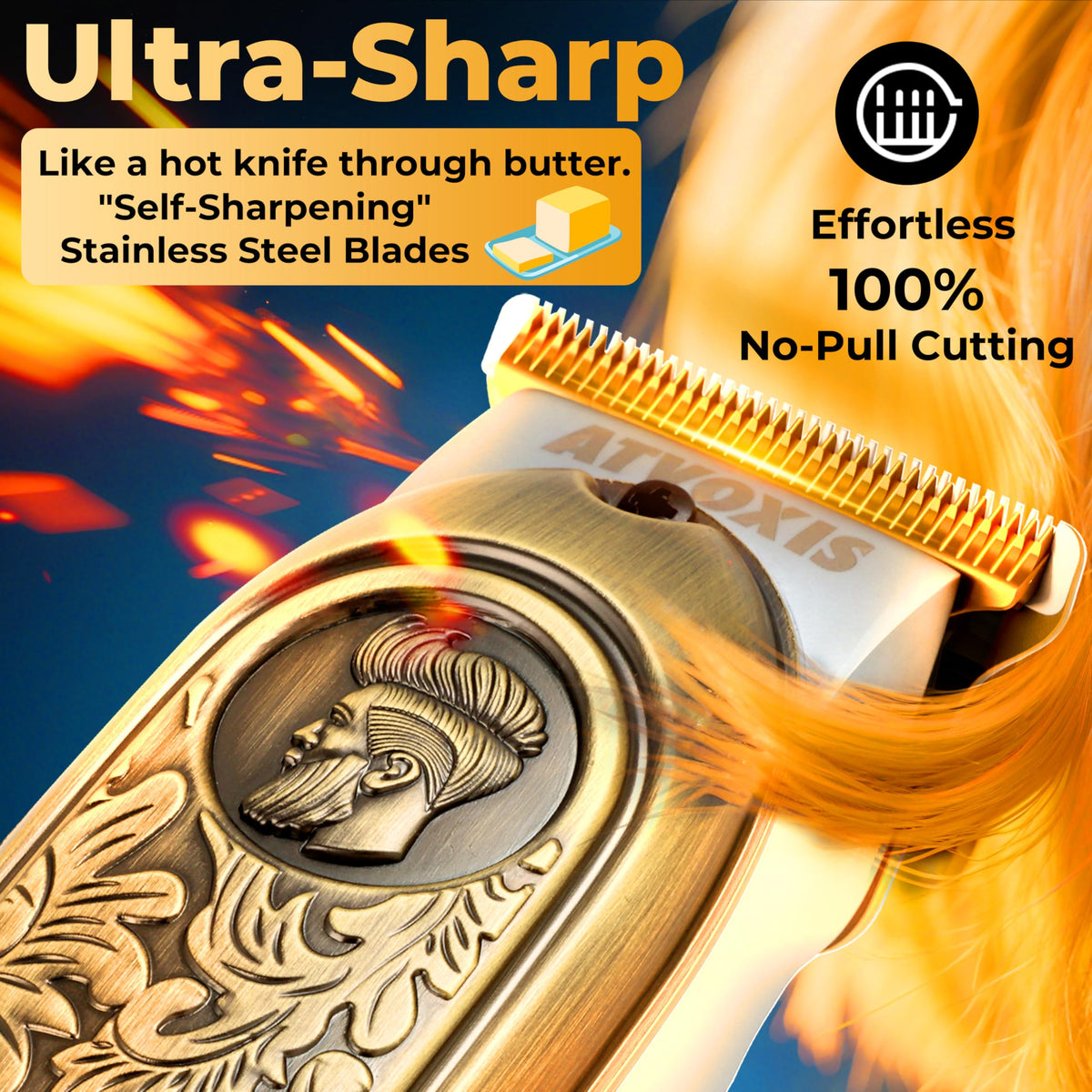 ATVOXIS close-up of T-blade trimmer cutting edge for crisp precision lining