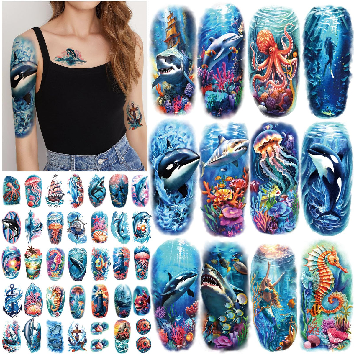atydkug front packaging showing full 77-sheet ocean tattoo set with variety