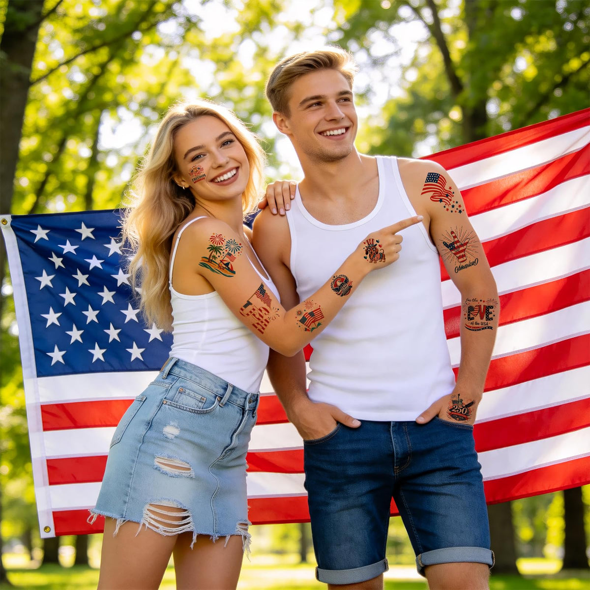atydkug kids wearing varied patriotic tattoos, fun matching party look