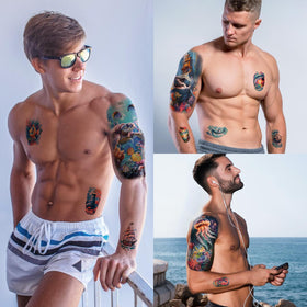 atydkug lifestyle image at beach wearing tattoos for fun waterproof style