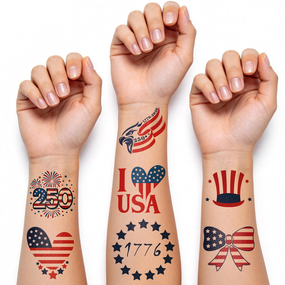 atydkug tattoos on party guests at booth, enhances festive patriotic atmosphere