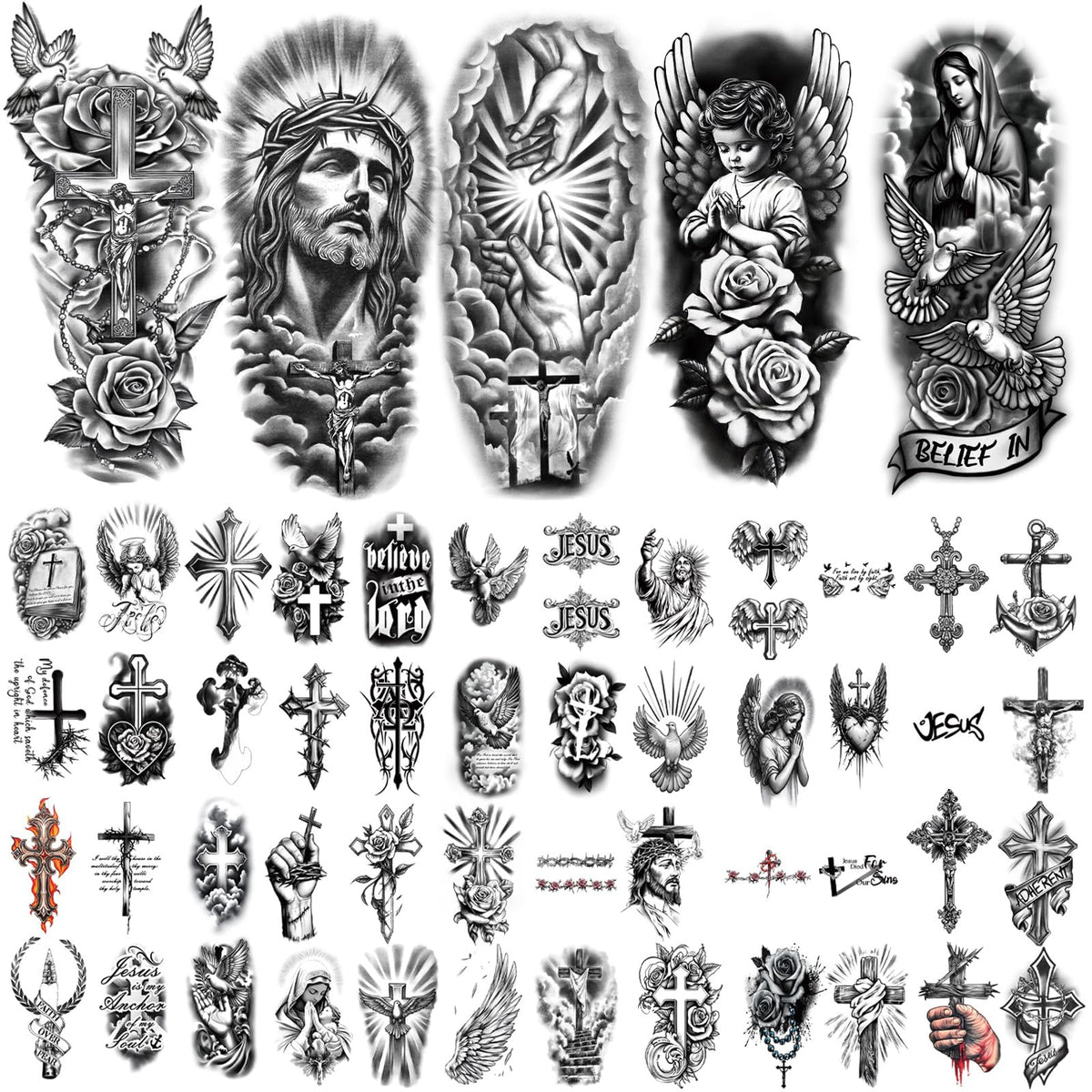 atydkug spread of multiple sheets displaying diverse Christian tattoo designs