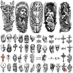 atydkug spread of multiple sheets displaying diverse Christian tattoo designs