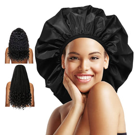 Auban front view of black extra large shower cap showing full coverage and sleek finish