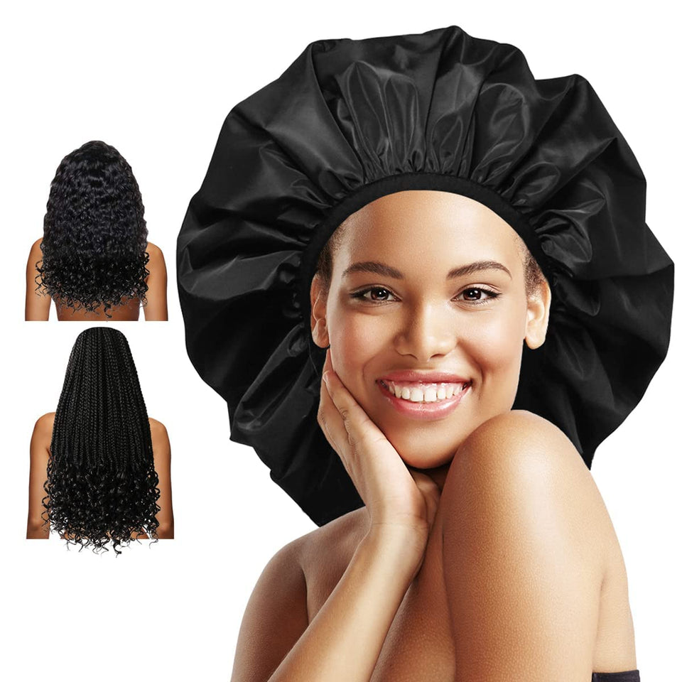 Auban front view of black extra large shower cap showing full coverage and sleek finish