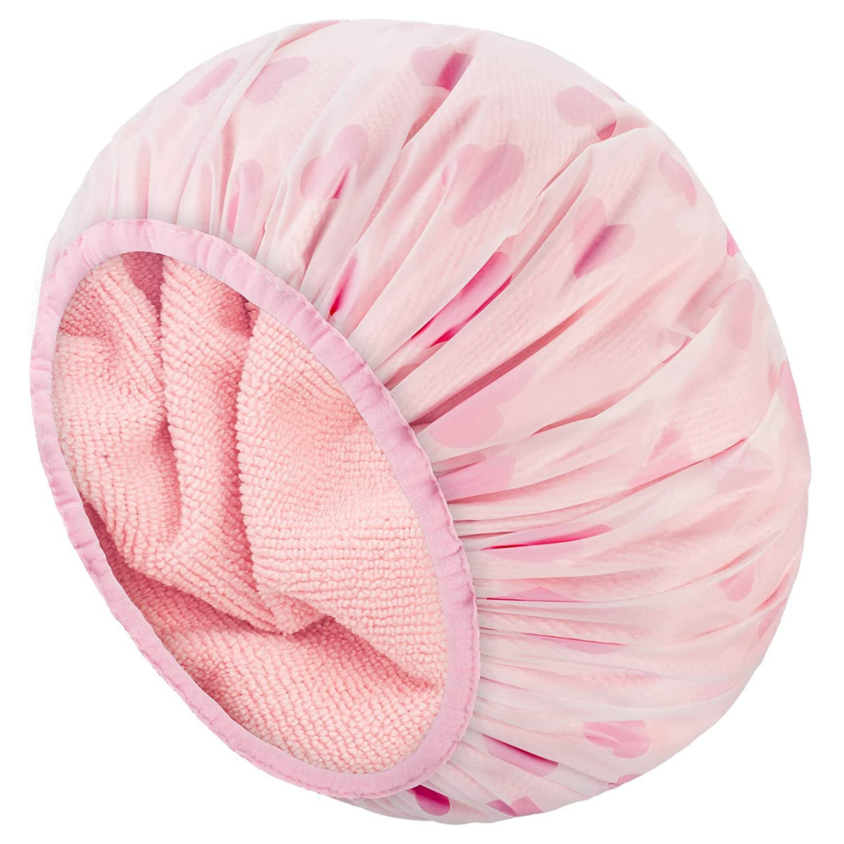 Auban shower cap front view showing pink exterior and heart design, protecting hair