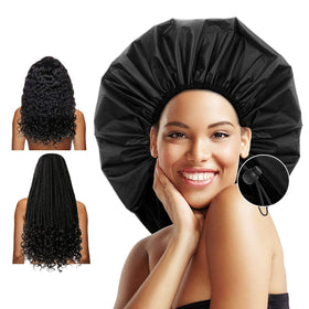 Auban front view of XL shower cap showing full coverage and waterproof benefit