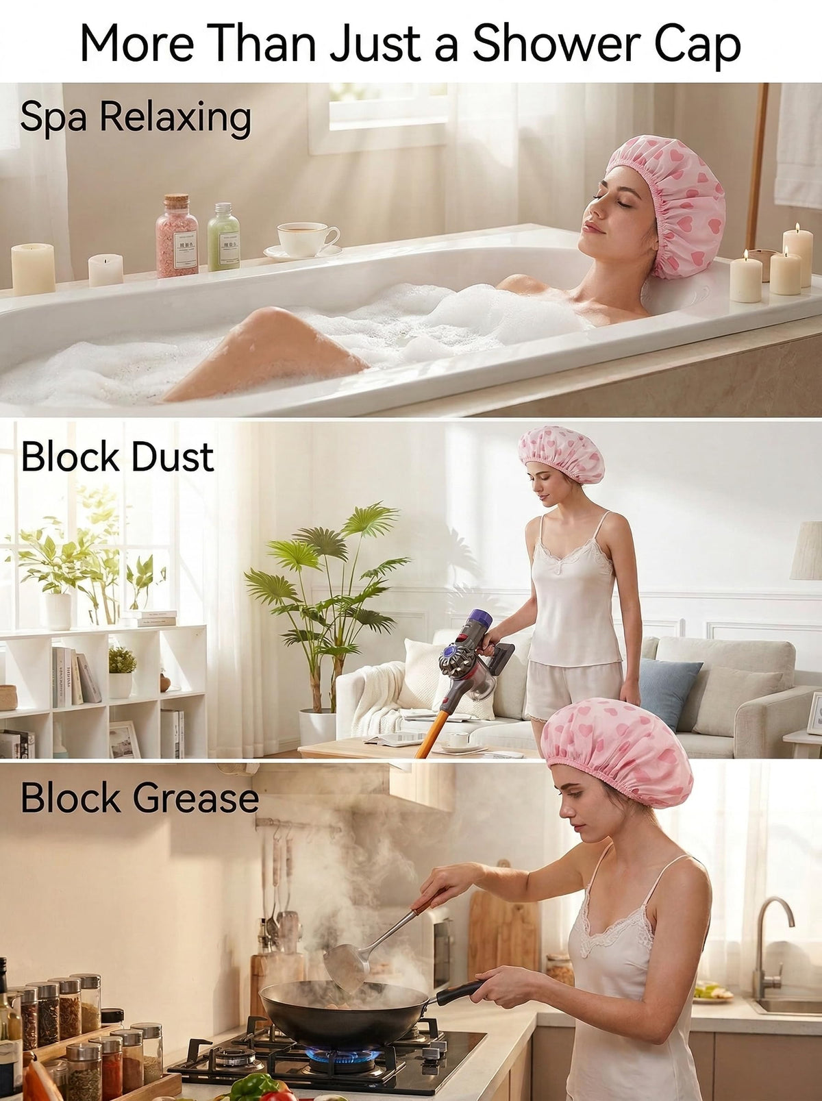 Auban shower cap being worn in bathroom to protect blowout and prevent humidity