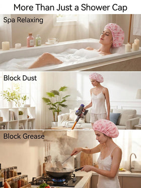 Auban shower cap being worn in bathroom to protect blowout and prevent humidity