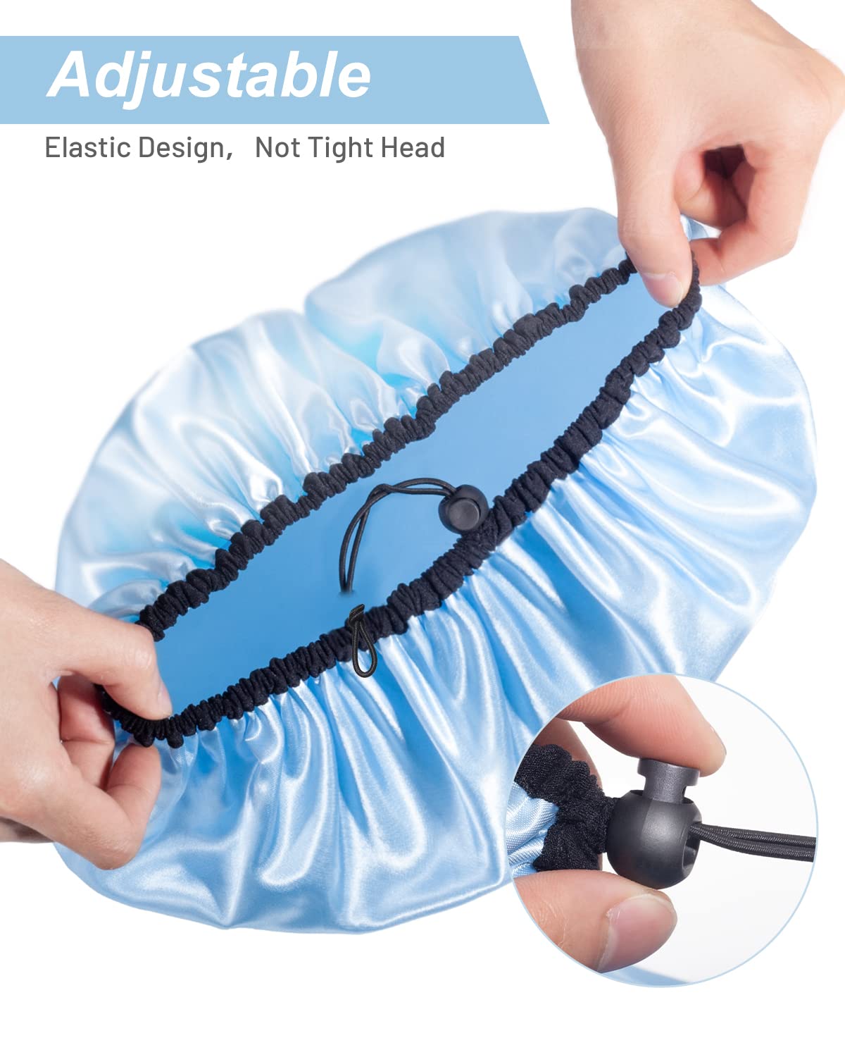 Auban shower cap button adjustment detail enabling a snug personalized fit