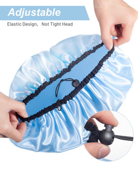 Auban shower cap button adjustment detail enabling a snug personalized fit