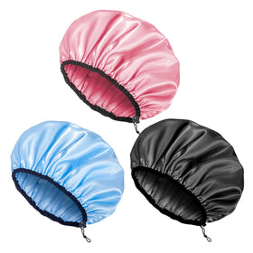 Auban shower cap front view showing waterproof exterior and full coverage