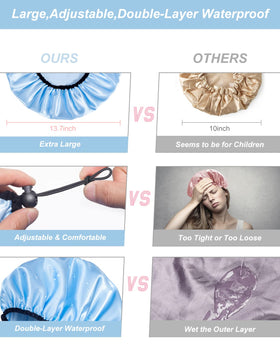 Auban shower cap worn by model with long hair demonstrating roomy fit
