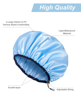 Auban shower caps in black pink and blue included in three-color pack