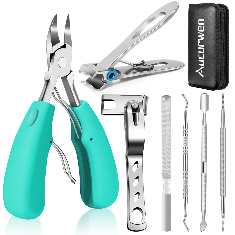 Aucurwen front packaging showing the cyan pedicure kit and included tools for easy storage