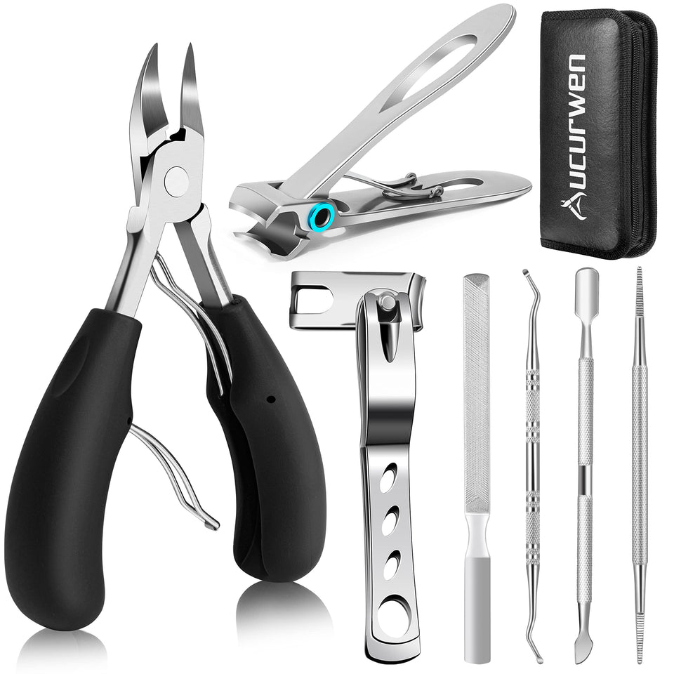 Aucurwen front packaging showing full 7-piece toenail kit and portability benefit