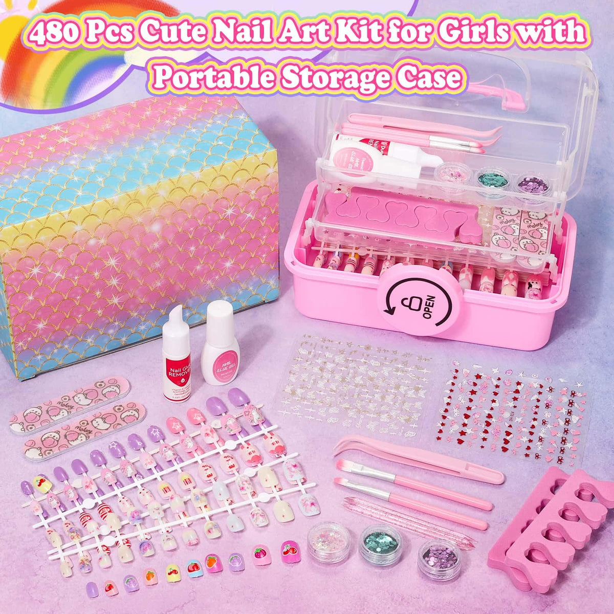 Audab triple-layer storage case open with organized nails and accessories