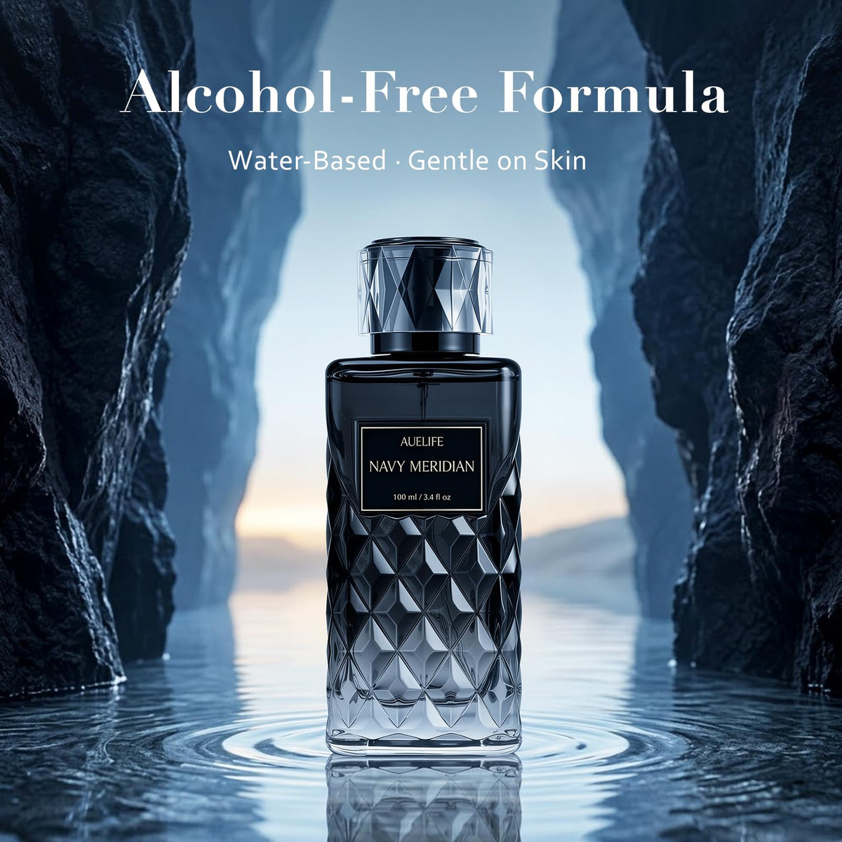 Auelife NAVY MERIDIAN angled bottle highlighting label details and premium gift-ready look