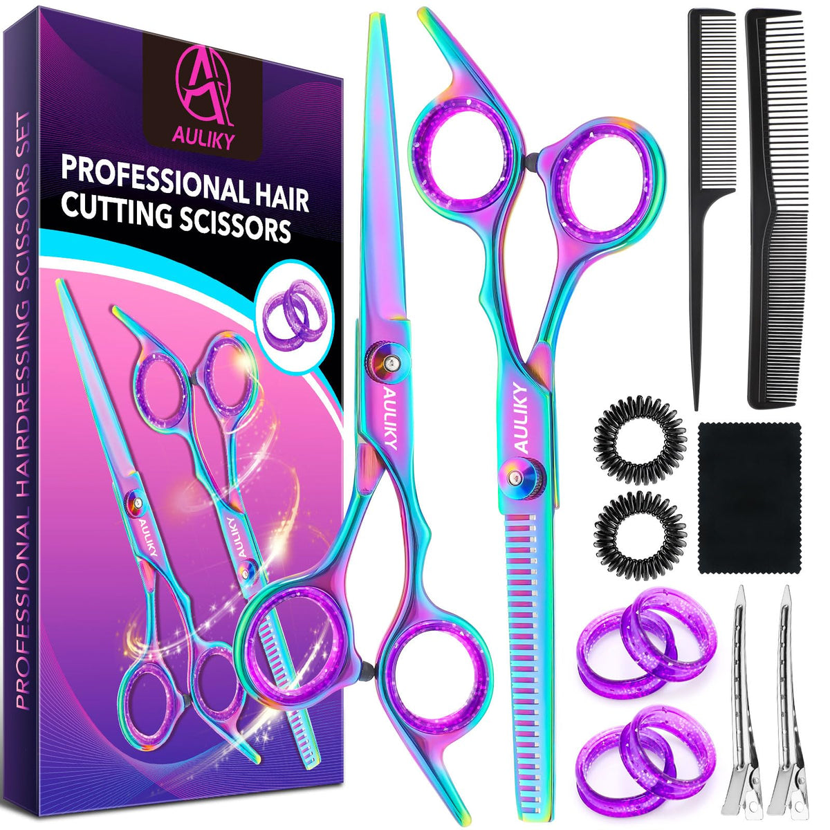 AULikY front view of hair cutting scissors kit showing complete set and carrying case for professional readiness