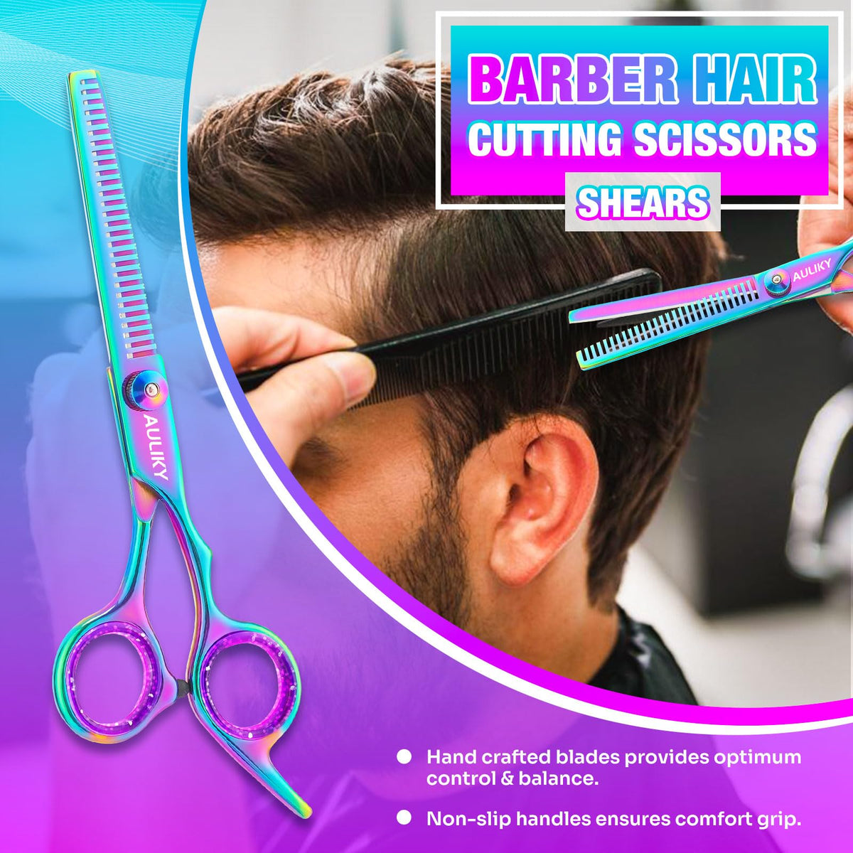 AULikY scissors in use by stylist demonstrating clean sectioning and smooth hair control during a cut