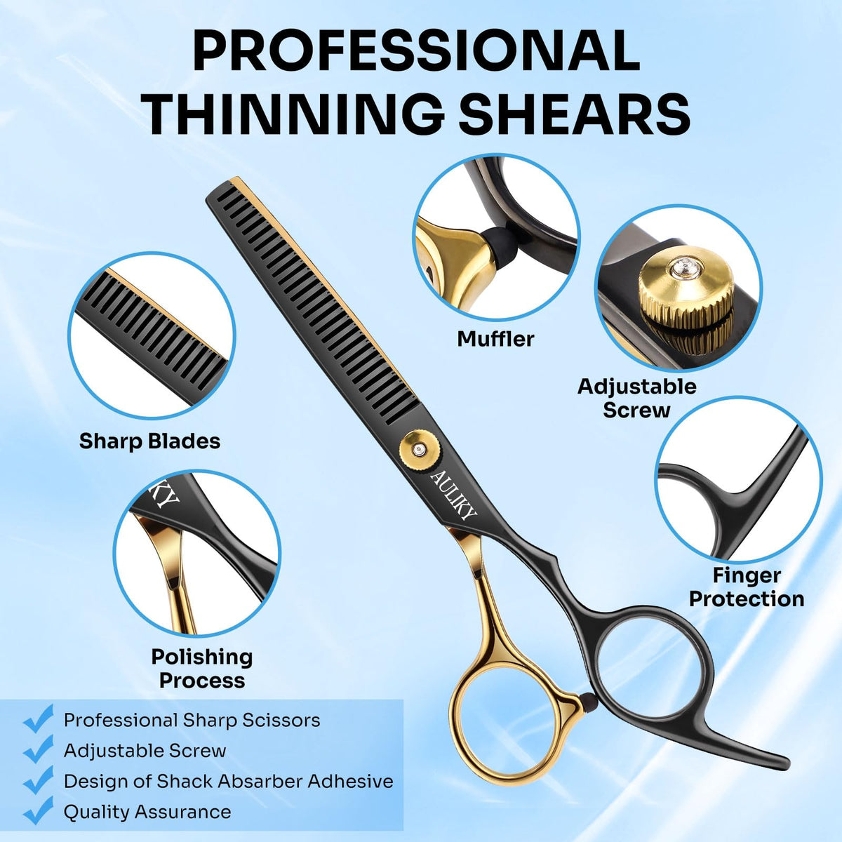 AULikY thinning shears tooth detail highlighting controlled texture removal benefit